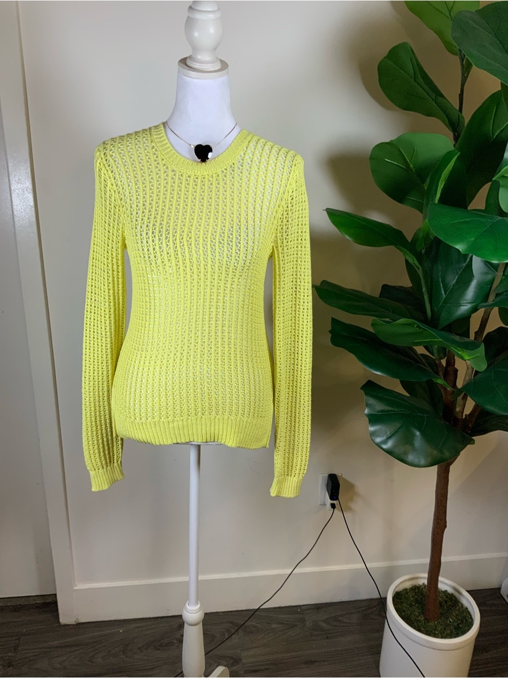 BCBGeneration Neon Yellow Open-Knit Crewneck Sweater